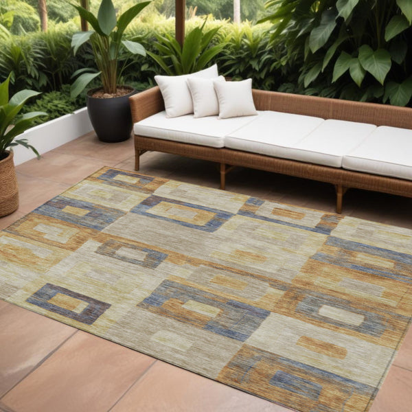 Homeroots 3' Stylish Beige Gold & Denim Blue Geometric Indoor-outdoor Area Rug - Durable, Washable & Versatile 10' X 14' Polyester 605048