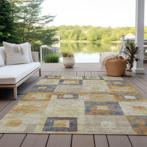 Homeroots 3' Stylish Beige Gold & Denim Blue Geometric Indoor-outdoor Area Rug - Durable, Washable & Versatile 10' X 14' Polyester 605048
