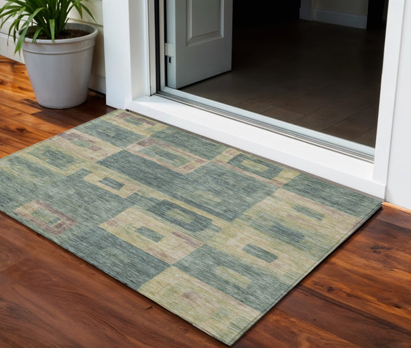 Homeroots 3' Stylish Beige Gold & Denim Blue Geometric Indoor-outdoor Area Rug - Durable, Washable & Versatile 3' X 5' Polyester 605049