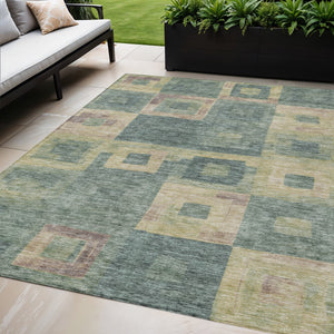 Homeroots 3' Stylish Beige Gold & Denim Blue Geometric Indoor-outdoor Area Rug - Durable, Washable & Versatile 5' X 8' Polyester 605050