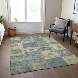 Homeroots 3' Stylish Beige Gold & Denim Blue Geometric Indoor-outdoor Area Rug - Durable, Washable & Versatile 5' X 8' Polyester 605050