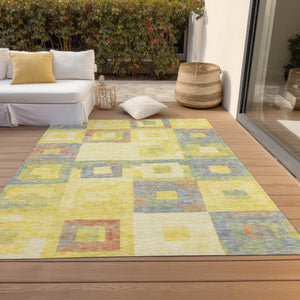 Homeroots 3' Stylish Beige Gold & Denim Blue Geometric Indoor-outdoor Area Rug - Durable, Washable & Versatile 3' X 5' Polyester 605055