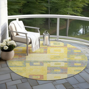 Homeroots 3' Stylish Beige Gold & Denim Blue Geometric Indoor-outdoor Area Rug - Durable, Washable & Versatile 8' Round Polyester 605057