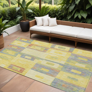 Homeroots 3' Stylish Beige Gold & Denim Blue Geometric Indoor-outdoor Area Rug - Durable, Washable & Versatile 9' X 12' Polyester 605059