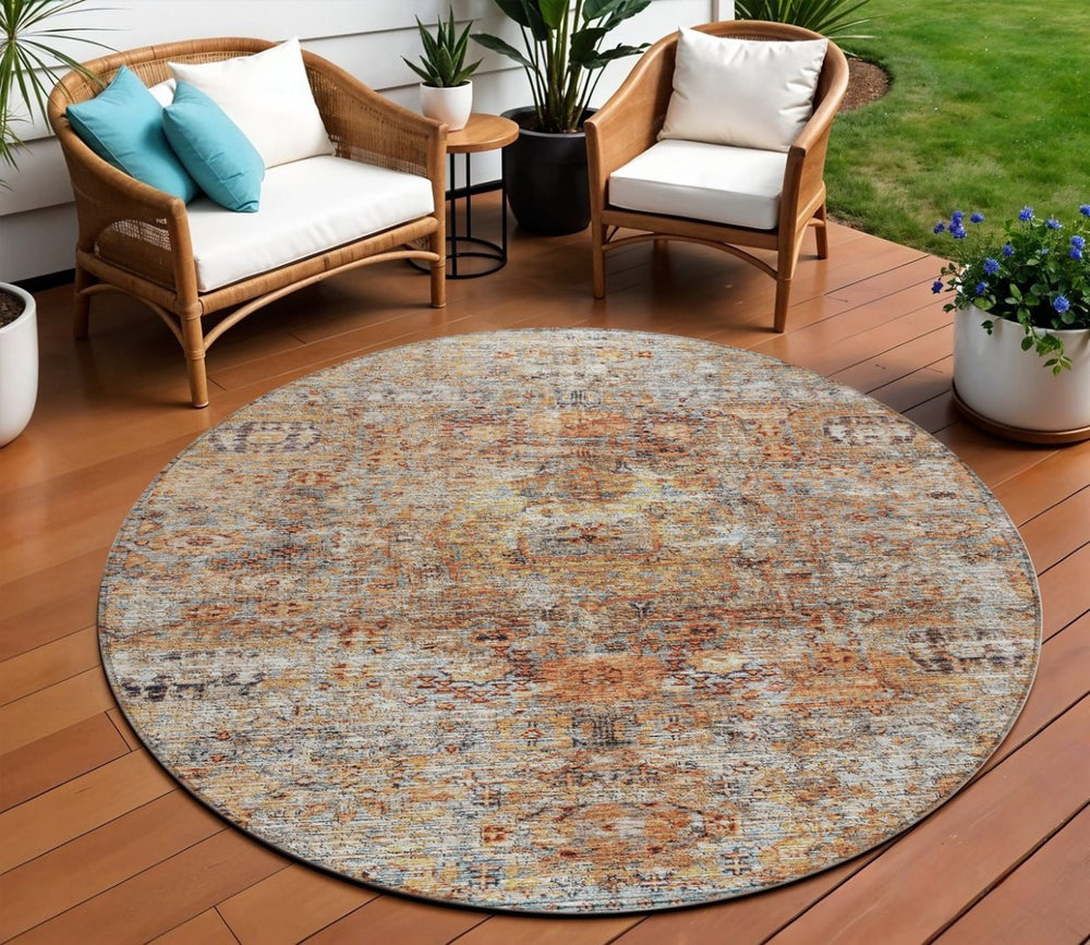 HomeRoots 5' Timeless Floral Coral Terra Cotta Area Rug - Durable, Washable Indoor Outdoor Design for Any Space 8' Round 605069