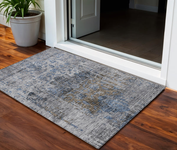 Homeroots 3' Inviting Blue And Gray Floral Washable Area Rug For Indoor And Outdoor Spaces, Durable Design 3' X 5' Polyester 605073