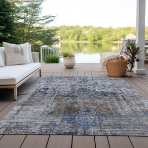 Homeroots 3' Inviting Blue And Gray Floral Washable Area Rug For Indoor And Outdoor Spaces, Durable Design 3' X 5' Polyester 605073