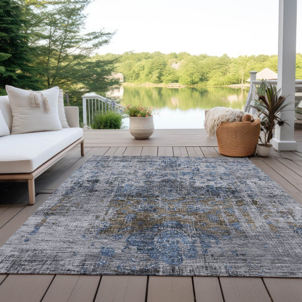 Homeroots 3' Inviting Blue And Gray Floral Washable Area Rug For Indoor And Outdoor Spaces, Durable Design 3' X 5' Polyester 605073