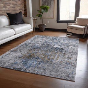 Homeroots 3' Inviting Blue And Gray Floral Washable Area Rug For Indoor And Outdoor Spaces, Durable Design 3' X 5' Polyester 605073