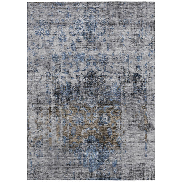 Homeroots 3' Inviting Blue And Gray Floral Washable Area Rug For Indoor And Outdoor Spaces, Durable Design 5' X 8' Polyester 605074