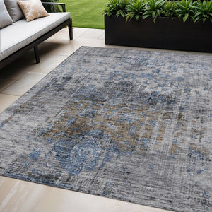 Homeroots 3' Inviting Blue And Gray Floral Washable Area Rug For Indoor And Outdoor Spaces, Durable Design 5' X 8' Polyester 605074