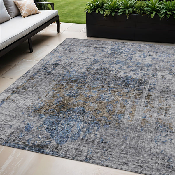 Homeroots 3' Inviting Blue And Gray Floral Washable Area Rug For Indoor And Outdoor Spaces, Durable Design 5' X 8' Polyester 605074