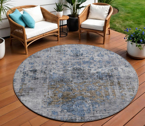 Homeroots 3' Inviting Blue And Gray Floral Washable Area Rug For Indoor And Outdoor Spaces, Durable Design 8' Round Polyester 605075
