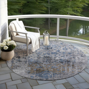 Homeroots 3' Inviting Blue And Gray Floral Washable Area Rug For Indoor And Outdoor Spaces, Durable Design 8' Round Polyester 605075
