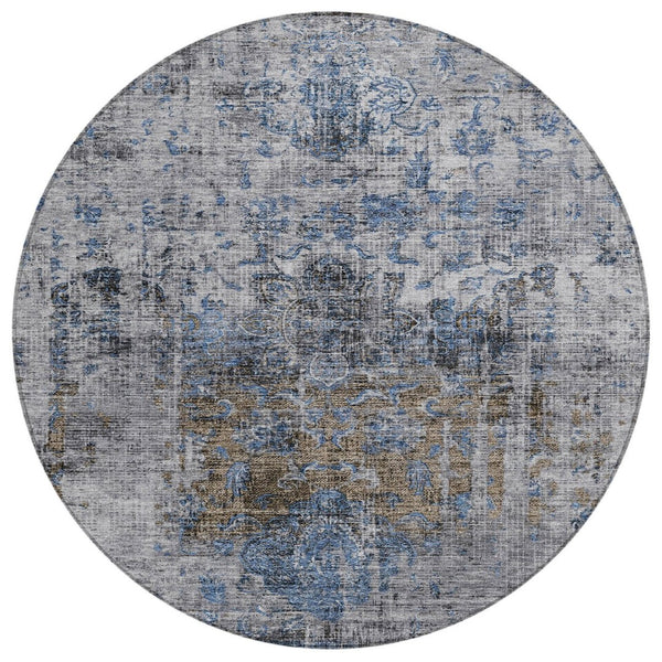 HomeRoots 5' Blue and Gray Floral Area Rug - Stylish, Stain-Resistant Indoor/Outdoor Decor for Any Space 8' Round 605075