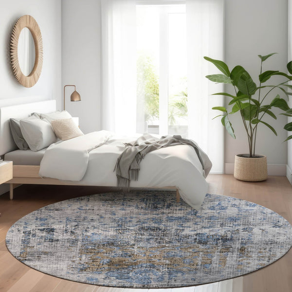Homeroots 3' Inviting Blue And Gray Floral Washable Area Rug For Indoor And Outdoor Spaces, Durable Design 8' Round Polyester 605075
