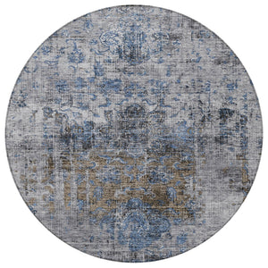 Homeroots 3' Inviting Blue And Gray Floral Washable Area Rug For Indoor And Outdoor Spaces, Durable Design 8' Round Polyester 605075