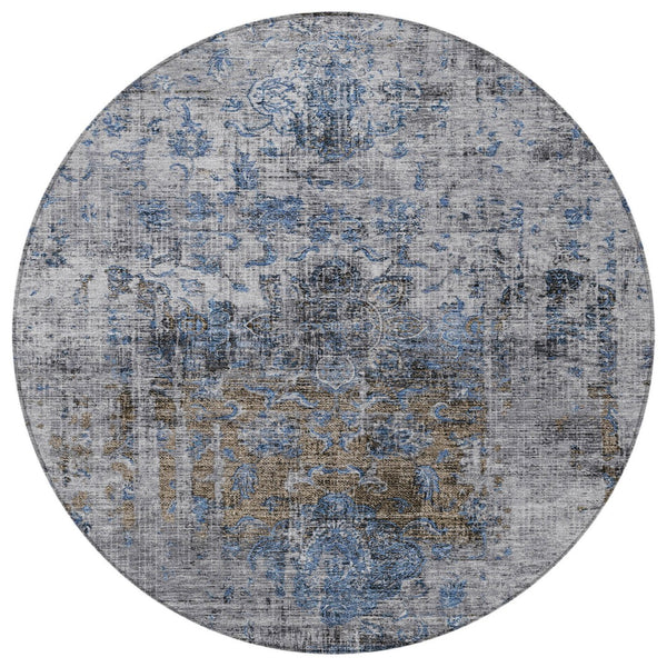 Homeroots 3' Inviting Blue And Gray Floral Washable Area Rug For Indoor And Outdoor Spaces, Durable Design 8' Round Polyester 605075