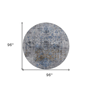 Homeroots 3' Inviting Blue And Gray Floral Washable Area Rug For Indoor And Outdoor Spaces, Durable Design 8' Round Polyester 605075