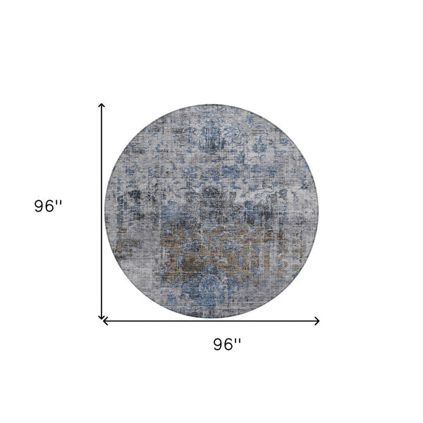Homeroots 3' Inviting Blue And Gray Floral Washable Area Rug For Indoor And Outdoor Spaces, Durable Design 8' Round Polyester 605075