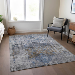 Homeroots 3' Inviting Blue And Gray Floral Washable Area Rug For Indoor And Outdoor Spaces, Durable Design 9' X 12' Polyester 605077