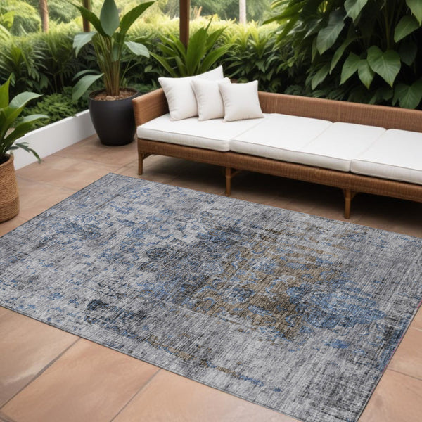 Homeroots 3' Inviting Blue And Gray Floral Washable Area Rug For Indoor And Outdoor Spaces, Durable Design 10' X 14' Polyester 605078