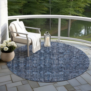 Homeroots 3' Durable Blue And Black Damask Washable Area Rug For Indoor And Outdoor Spaces, Versatile Style 8' Round Polyester 605087