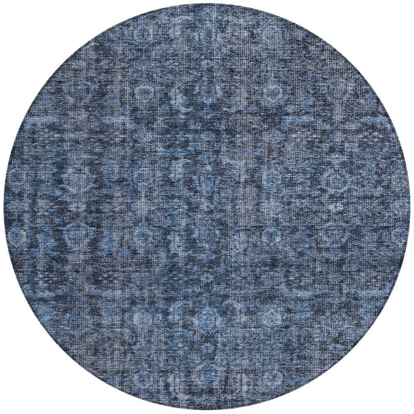 Homeroots 3' Durable Blue And Black Damask Washable Area Rug For Indoor And Outdoor Spaces, Versatile Style 8' Round Polyester 605087