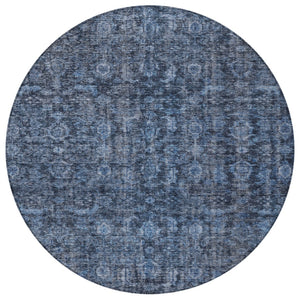 Homeroots 3' Durable Blue And Black Damask Washable Area Rug For Indoor And Outdoor Spaces, Versatile Style 8' Round Polyester 605087