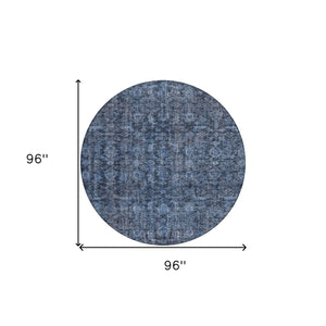 Homeroots 3' Durable Blue And Black Damask Washable Area Rug For Indoor And Outdoor Spaces, Versatile Style 8' Round Polyester 605087