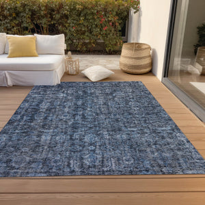 Homeroots 3' Durable Blue And Black Damask Washable Area Rug For Indoor And Outdoor Spaces, Versatile Style 8' X 10' Polyester 605088
