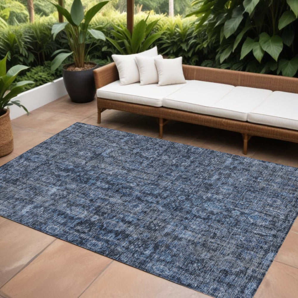 HomeRoots 9' X 12' Stylish Blue and Black Damask Area Rug – Washable, Durable, Indoor/Outdoor Solution! 605089