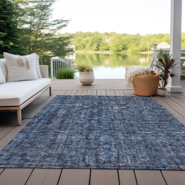 Homeroots 3' Durable Blue And Black Damask Washable Area Rug For Indoor And Outdoor Spaces, Versatile Style 10' X 14' Polyester 605090