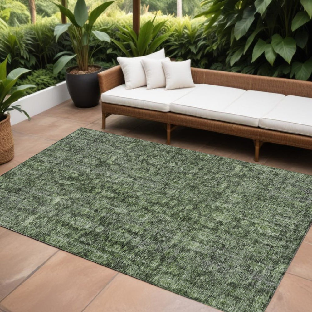 HomeRoots 9' X 12' Elegant Artichoke Green & Black Damask Area Rug - Durable, Washable, Indoor/Outdoor Style! 605095