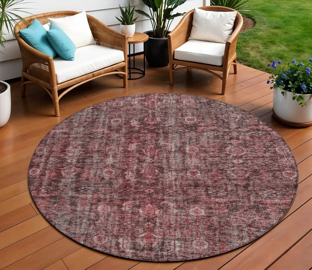 HomeRoots 5' Elegant Pink and Brick Red Damask Area Rug for Indoor Outdoor Spaces - Durable & Washable Design 8' Round 605099