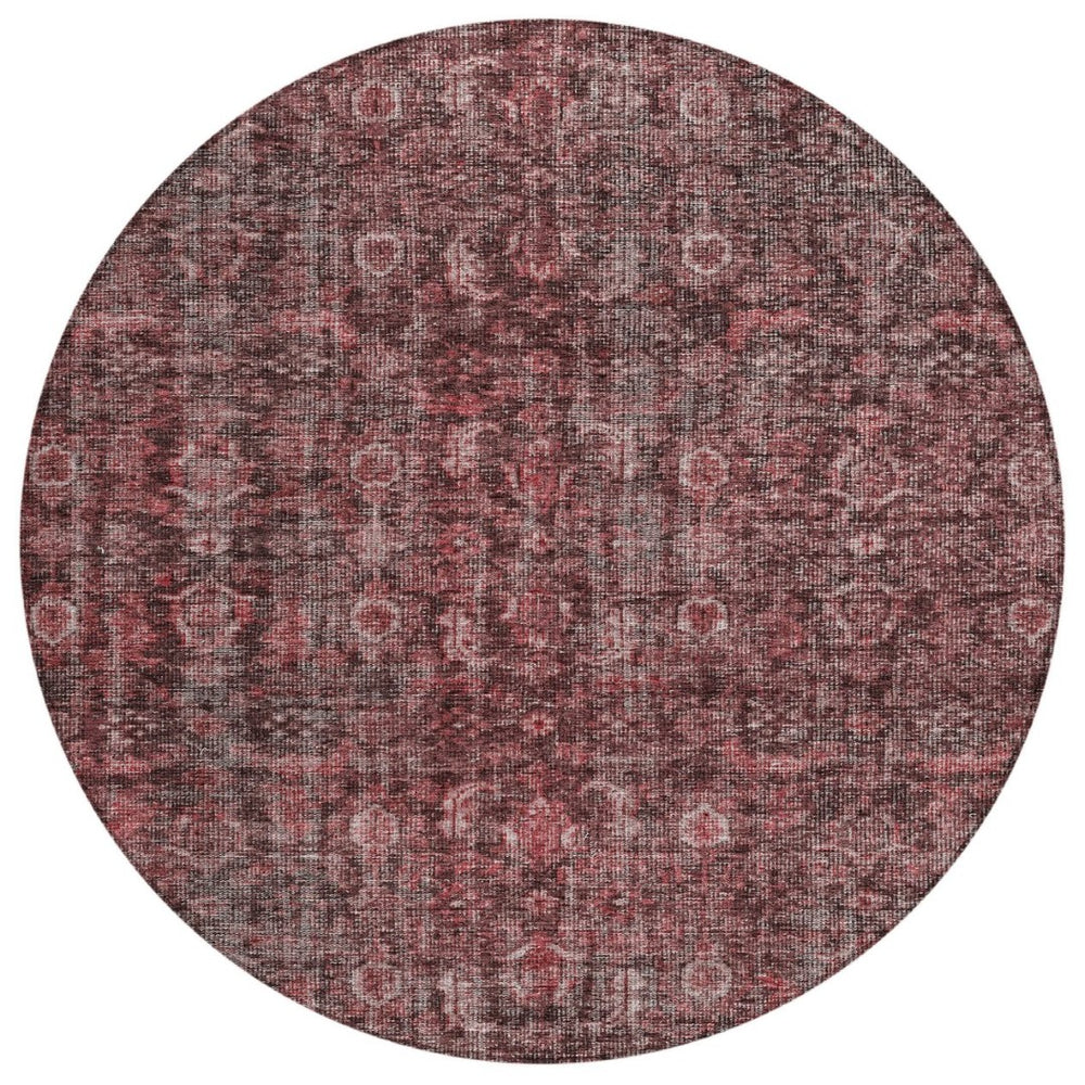 HomeRoots 5' Elegant Pink and Brick Red Damask Area Rug for Indoor Outdoor Spaces - Durable & Washable Design 8' Round 605099