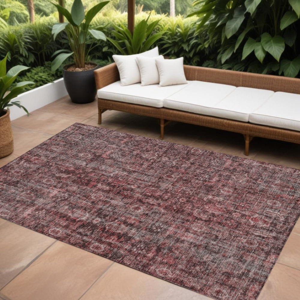HomeRoots 9' X 12' Washable Pink & Brick Red Damask Area Rug – Stylish, Durable, Indoor/Outdoor Design! 605101