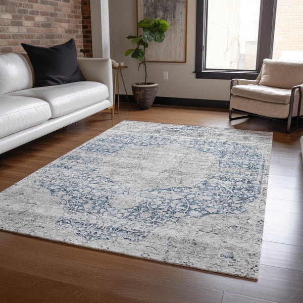Homeroots 3' Blue And Ivory Oriental Washable Area Rug - Durable, Stain Resistant, Perfect For Indoor And Outdoor Spaces 3' X 5' Polyester 605103