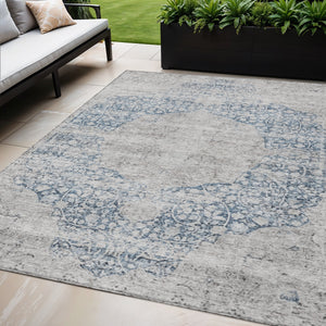 Homeroots 3' Blue And Ivory Oriental Washable Area Rug - Durable, Stain Resistant, Perfect For Indoor And Outdoor Spaces 5' X 8' Polyester 605104