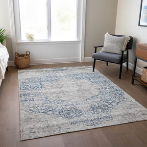 Homeroots 3' Blue And Ivory Oriental Washable Area Rug - Durable, Stain Resistant, Perfect For Indoor And Outdoor Spaces 5' X 8' Polyester 605104