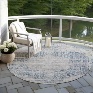 Homeroots 3' Blue And Ivory Oriental Washable Area Rug - Durable, Stain Resistant, Perfect For Indoor And Outdoor Spaces 8' Round Polyester 605105