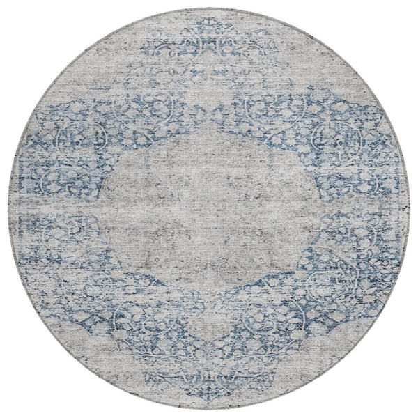 HomeRoots 5' Blue and Ivory Oriental Area Rug – Durable, Washable Design for Indoor and Outdoor Elegance 8' Round 605105