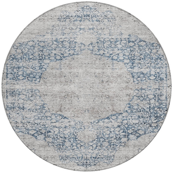 Homeroots 3' Blue And Ivory Oriental Washable Area Rug - Durable, Stain Resistant, Perfect For Indoor And Outdoor Spaces 8' Round Polyester 605105