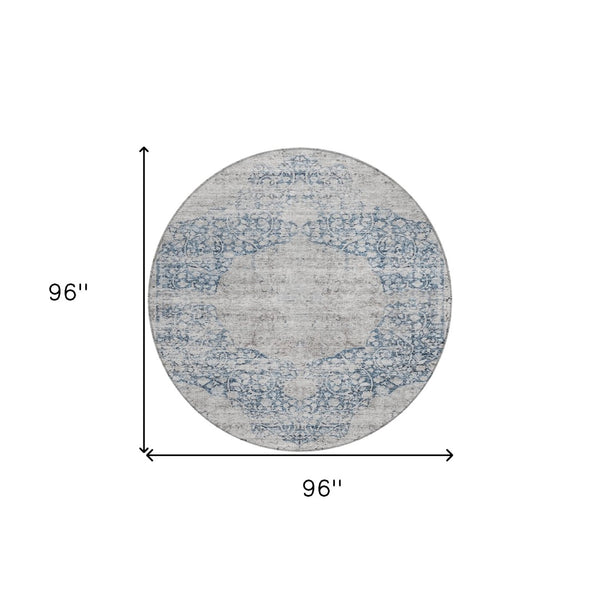 Homeroots 3' Blue And Ivory Oriental Washable Area Rug - Durable, Stain Resistant, Perfect For Indoor And Outdoor Spaces 8' Round Polyester 605105