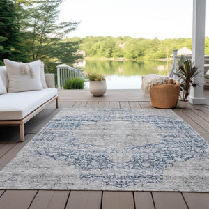 Homeroots 3' Blue And Ivory Oriental Washable Area Rug - Durable, Stain Resistant, Perfect For Indoor And Outdoor Spaces 9' X 12' Polyester 605107