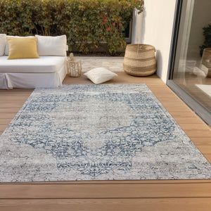Homeroots 3' Blue And Ivory Oriental Washable Area Rug - Durable, Stain Resistant, Perfect For Indoor And Outdoor Spaces 9' X 12' Polyester 605107