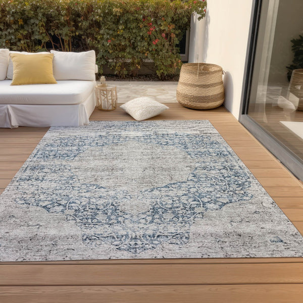 Homeroots 3' Blue And Ivory Oriental Washable Area Rug - Durable, Stain Resistant, Perfect For Indoor And Outdoor Spaces 9' X 12' Polyester 605107