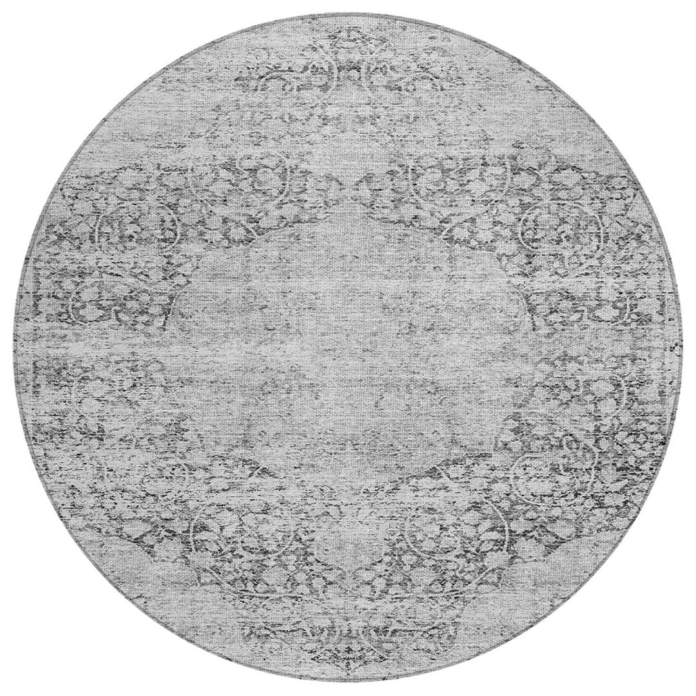 HomeRoots 5' Elegant Gray and Ivory Oriental Washable Area Rug for Indoor and Outdoor Spaces, Durable Design 8' Round 605117