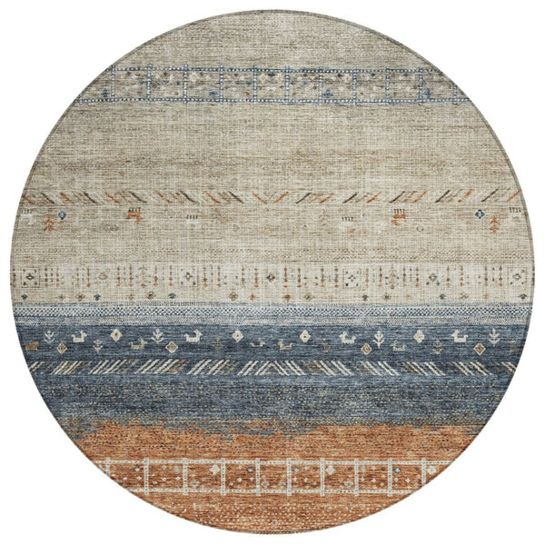 HomeRoots 5' Southwestern Indoor Outdoor Area Rug in Brown, Blue, and Beige – Durable, Washable, Stylish Décor 8' Round 605123