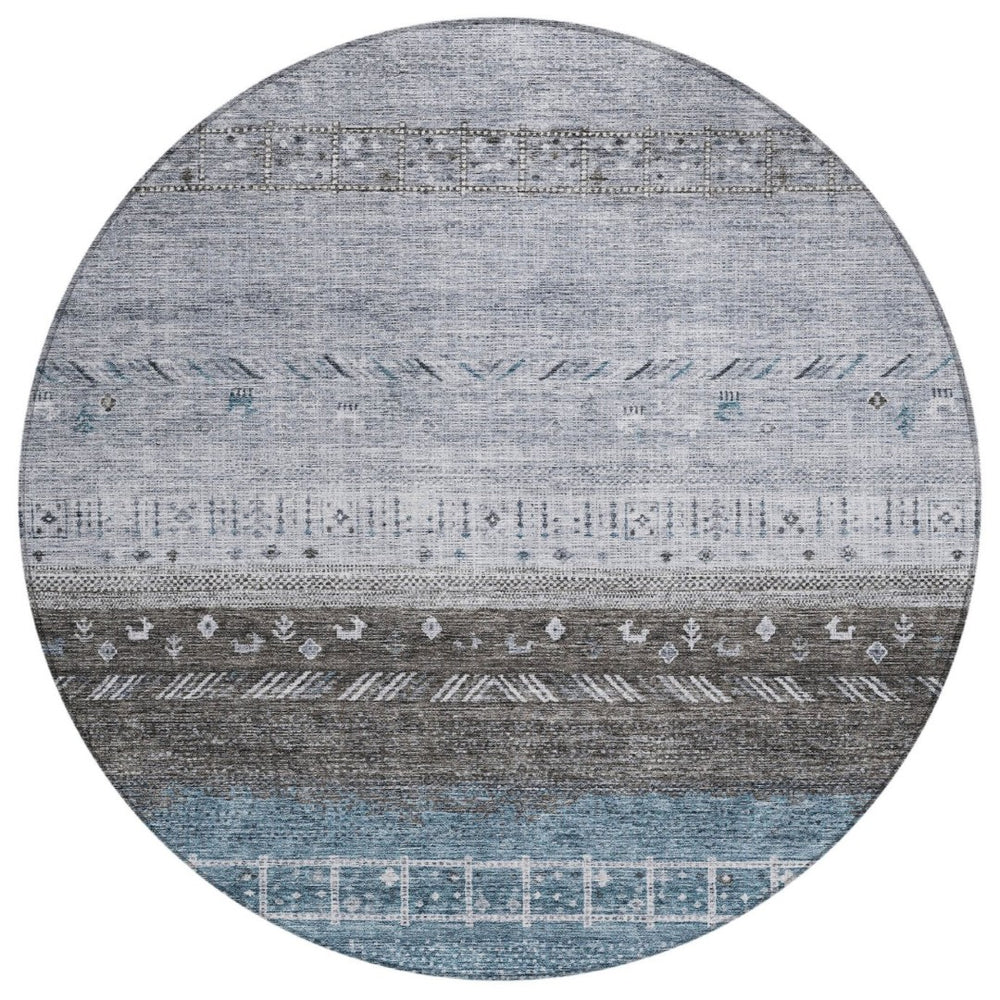 HomeRoots 5' Southwestern Washable Area Rug in Blue-Gray & Charcoal - Durable, Easy-Clean for Indoors & Outdoors 8' Round 605129